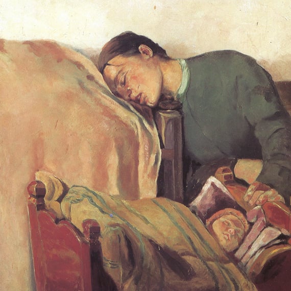 Maleri af den norske maler Christian Krogh: Sovende moder (hun er udslidt, og har faldt i søvn ved siden af sit barns vugge) 